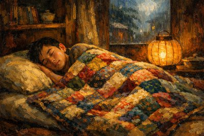 At his Grandmother's house in Penang, Wing Sun is lying down on a futon in his bedroom, covered up with a beautiful lightweight quilt Grandma made.  Outside his room the rain is coming down.  In Penang, every corner of the old town—every whisper of the wind through ancient trees—seems to echo with promises of renewal and love. And as the rain softens outside, Wing-Sun closes his eyes with the comforting knowledge that every detour, every farewell, is simply a step toward a new beginning.  A lantern gives soft light to the room, and all is quiet.