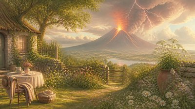 an erupting volcano with lightning strikes, dramatic wide composition, no text
