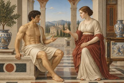 a painting of a man and a woman sitting next to each other
