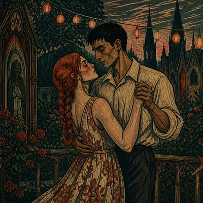 an original couple dancing under string lights in a garden at dusk: a man with short black hair in a linen shirt and a woman with braided red hair in a summer dress