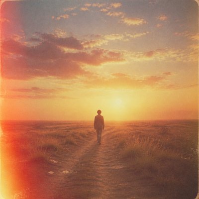 a solitary figure walking toward a glowing horizon across an empty plain, moody atmosphere, no text or lettering