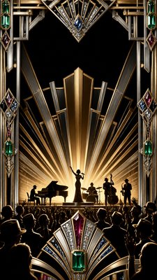 a live music scene with a glowing stage and silhouetted crowd, energetic vertical composition with open space at the top, no text