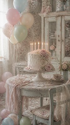 a birthday cake with lit candles surrounded by balloons and confetti, festive vertical composition, no text