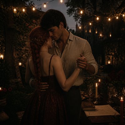 an original couple dancing under string lights in a garden at dusk: a man with short black hair in a linen shirt and a woman with braided red hair in a summer dress