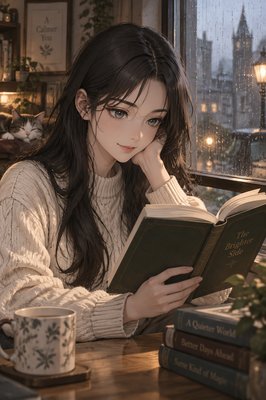 A fair-skinned, youthful, and proud woman with long black hair and gray eyes, wearing a cream sweater, sitting beside a rainy window and reading an open book. Waist-up view, three-quarter angle.