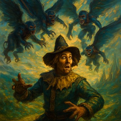 The Wizard of Oz Scarecrow, looking surprised and slightly alarmed, as a group of winged flying monkeys descends rapidly from the sky towards him, their taloned feet reaching out. The scene is set in a vibrant, slightly fantastical field with a yellow brick road visible in the distance. Emphasize dynamic motion and the contrast between the playful yet menacing monkeys and the innocent Scarecrow