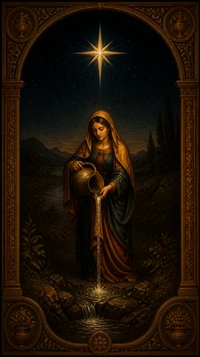 a robed figure pouring water beneath a large eight-pointed star in a night sky, symmetrical composition with an ornate decorative border, no text