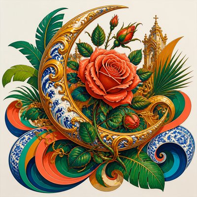 a rose entwined with a crescent moon, clean balanced composition on a plain background, no text