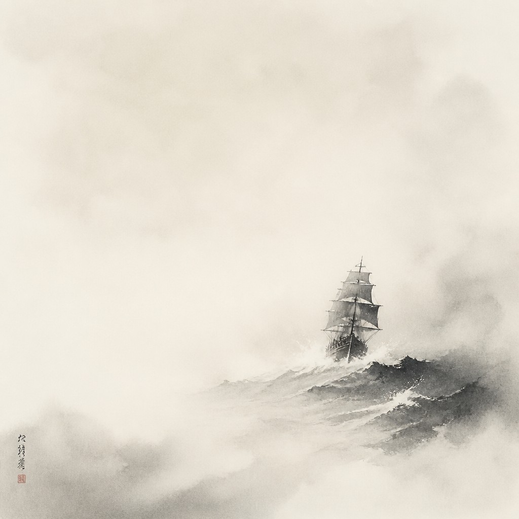 sailing ship on a stormy sea — Negative Space Art Style