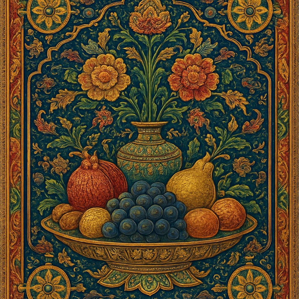 still life arrangement of fruits and flowers