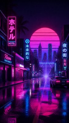 a quiet rainy city street at night reflecting neon signs, no people