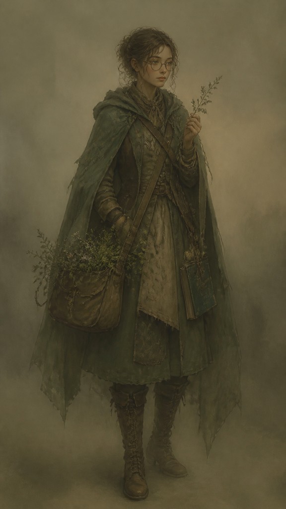 full-body original character: a wandering botanist with a satchel of plants, a patched green cloak, tall boots and round glasses, neutral background