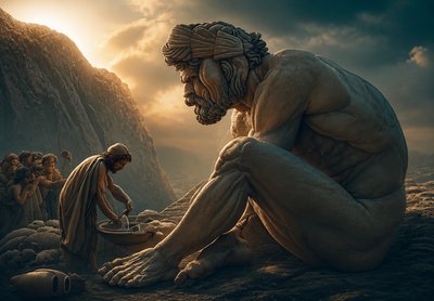a painting of a man sitting on the ground next to a mountain