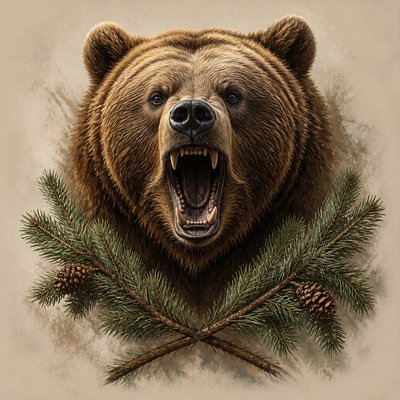 a roaring bear head above crossed pine branches, bold graphic composition on a plain background, no text