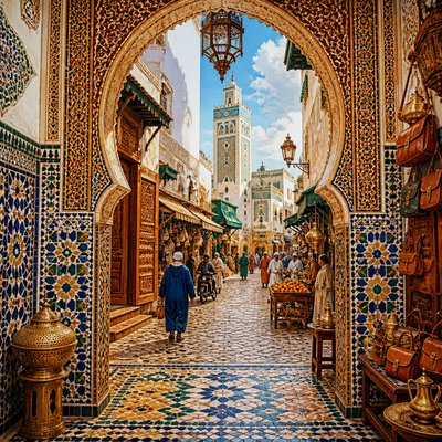 urban street with city activity — Moroccan Art Style