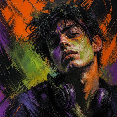 head-and-shoulders portrait of an original character: a young man with curly dark hair and headphones around his neck, plain backdrop, no text