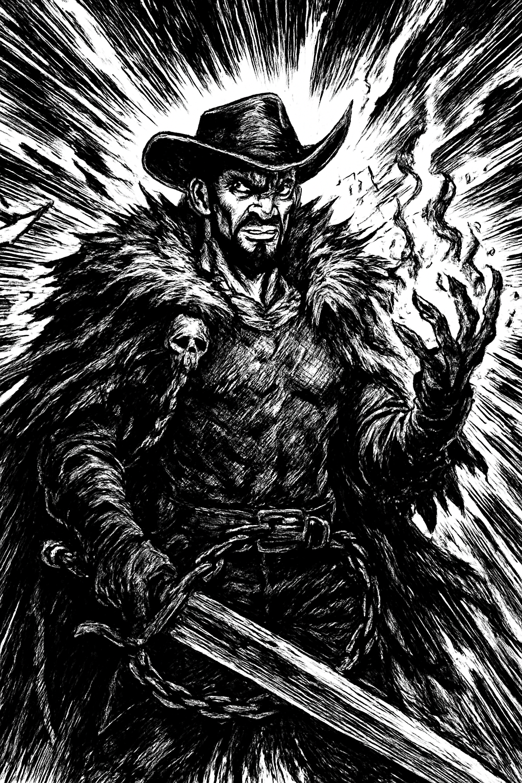 a black and white drawing of a man with a sword