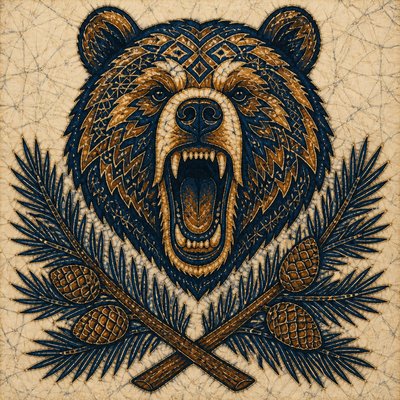 a roaring bear head above crossed pine branches, bold graphic composition on a plain background, no text