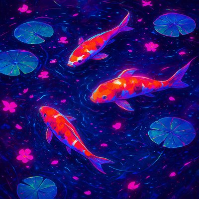 A koi pond seen from above, orange and white koi fish swimming among lily pads, clear water with subtle ripples, fallen cherry blossom petals floating on the surface, dappled sunlight