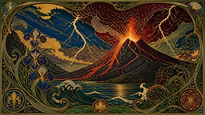 an erupting volcano with lightning strikes, dramatic wide composition, no text