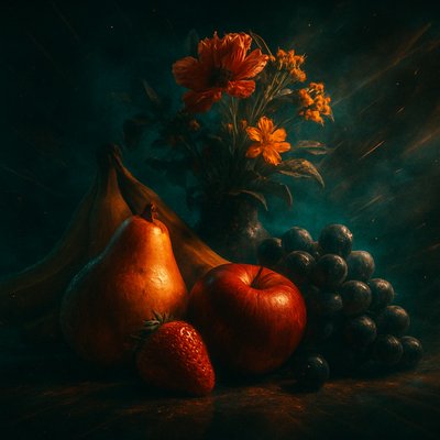 still life arrangement of fruits and flowers