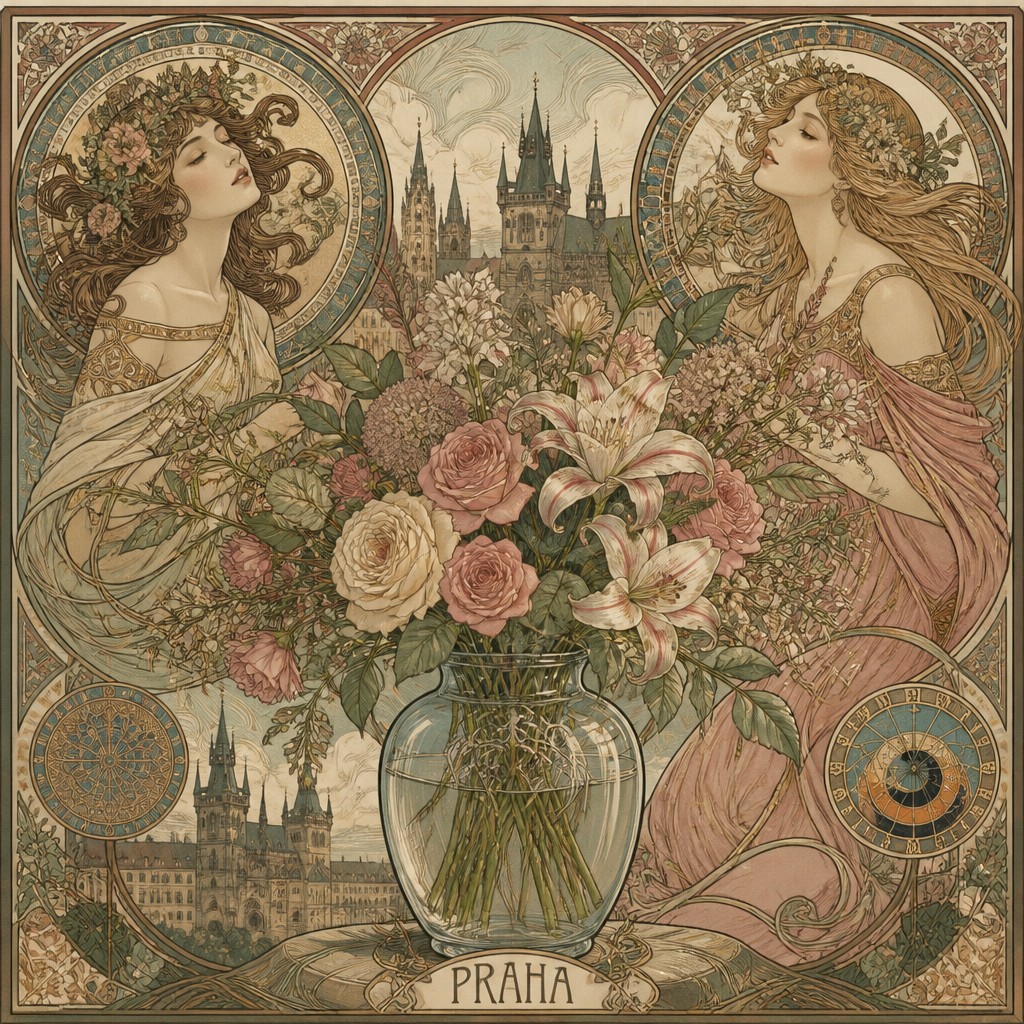 bouquet of flowers in a glass vase — Czech Art Style