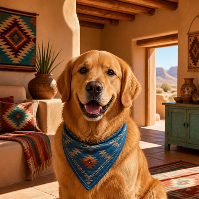 portrait of a golden retriever wearing a blue bandana, warm plain backdrop, no text
