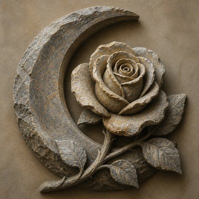 a rose entwined with a crescent moon, clean balanced composition on a plain background, no text
