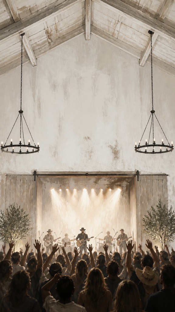 a live music scene with a glowing stage and silhouetted crowd, energetic vertical composition with open space at the top, no text
