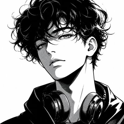 head-and-shoulders portrait of an original character: a young man with curly dark hair and headphones around his neck, plain backdrop, no text