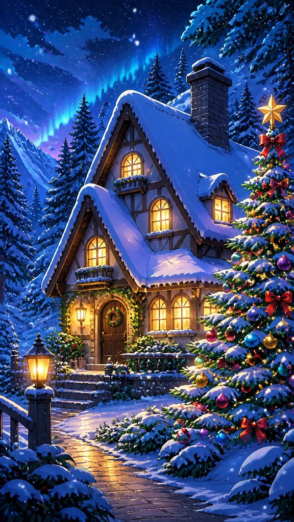 a snow-covered cottage with warm glowing windows beside a decorated pine tree, gentle snowfall, no text