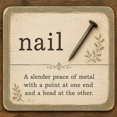 Please create a flashcard for the spelling word: "nail" and it's definition: "A slender peace of metal with a point at one end and a head at the other."
