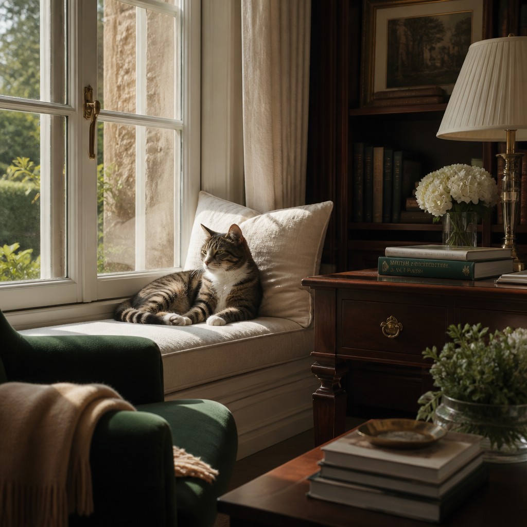 a cat lounging in a sunlit window — Old Money Aesthetic