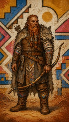 full-body original character: a dwarven ranger with a braided auburn beard, worn leather armor, a longbow and a wolf-pelt cloak, neutral background, no text