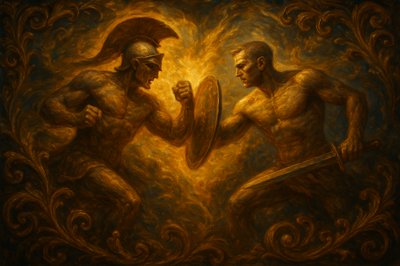 a painting of two men fighting with each other