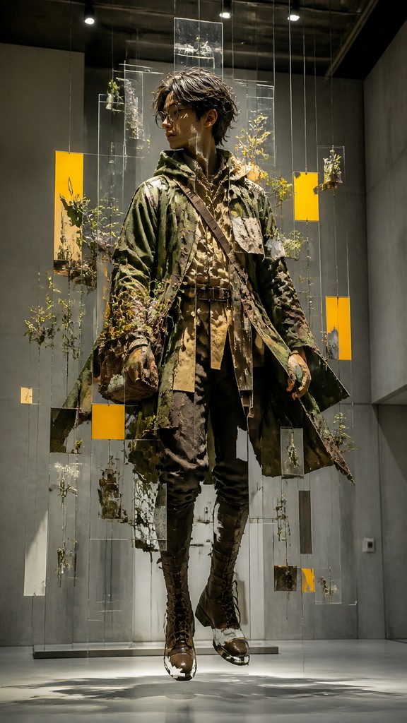 full-body original character: a wandering botanist with a satchel of plants, a patched green cloak, tall boots and round glasses, neutral background