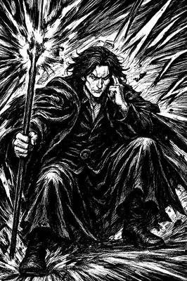 a black and white drawing of a wizard holding a staff