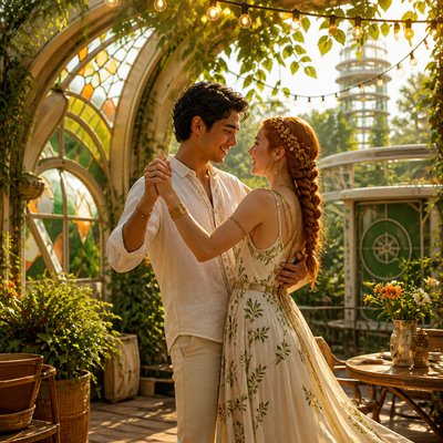 an original couple dancing under string lights in a garden at dusk: a man with short black hair in a linen shirt and a woman with braided red hair in a summer dress