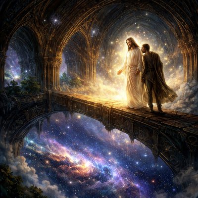 Surrealism Art Style, Fantasy Digital Art Style, a breathtaking and dreamlike scene. Jesus Christ, robed in soft, glowing white light, stands with a human figure (the dreamer) on massive, ancient wooden and stone cathedral rafters that curve high into a dark upper vault. They are looking downwards over the edge of a thick beam. Below them, there is no floor, only an infinite, swirling cosmic abyss filled with brilliant galaxies, nebulae, and countless glittering stars spread out like a carpet far below. The architecture seems to be floating in space. The lighting is a mix of warm gold from the divine figures and cool blues and purples from the stars below. The mood is one of overwhelming awe and peace.