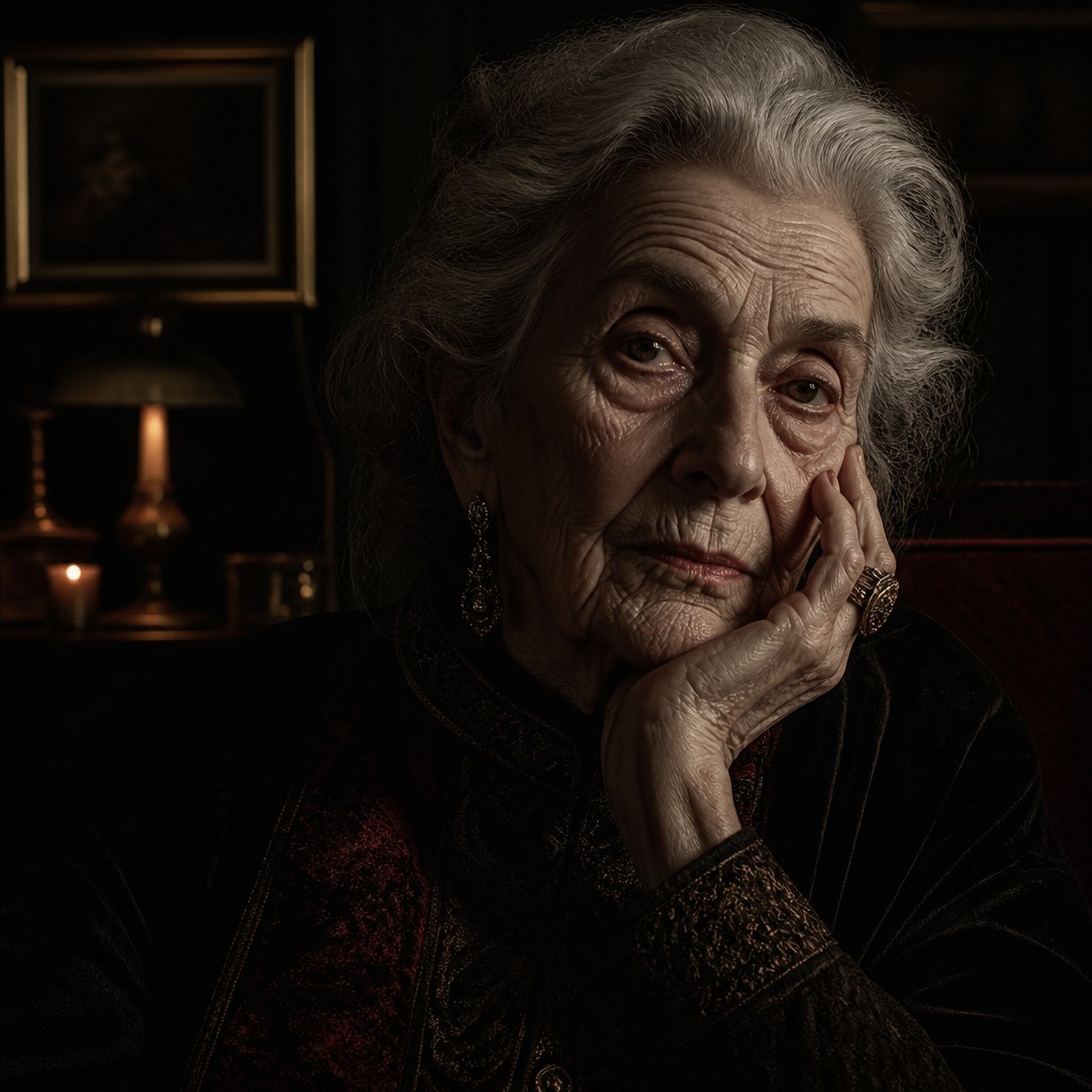 close-up portrait of an elderly person with expressive weathered features — Dark Moody Interior Design