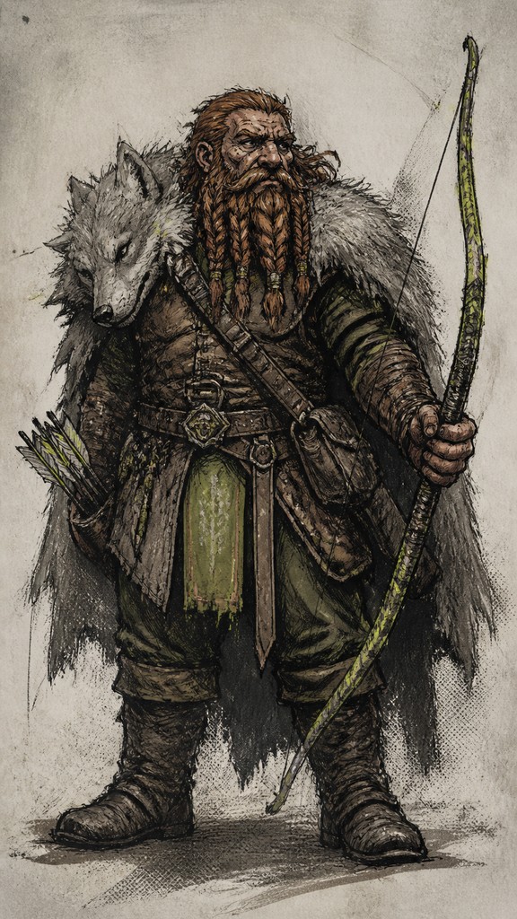 full-body original character: a dwarven ranger with a braided auburn beard, worn leather armor, a longbow and a wolf-pelt cloak, neutral background, no text