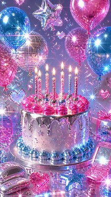 a birthday cake with lit candles surrounded by balloons and confetti, festive vertical composition, no text
