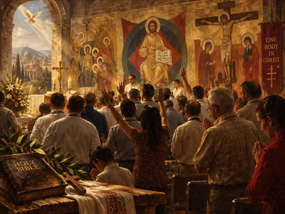 a group of people standing in front of a painting