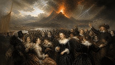 an erupting volcano with lightning strikes, dramatic wide composition, no text