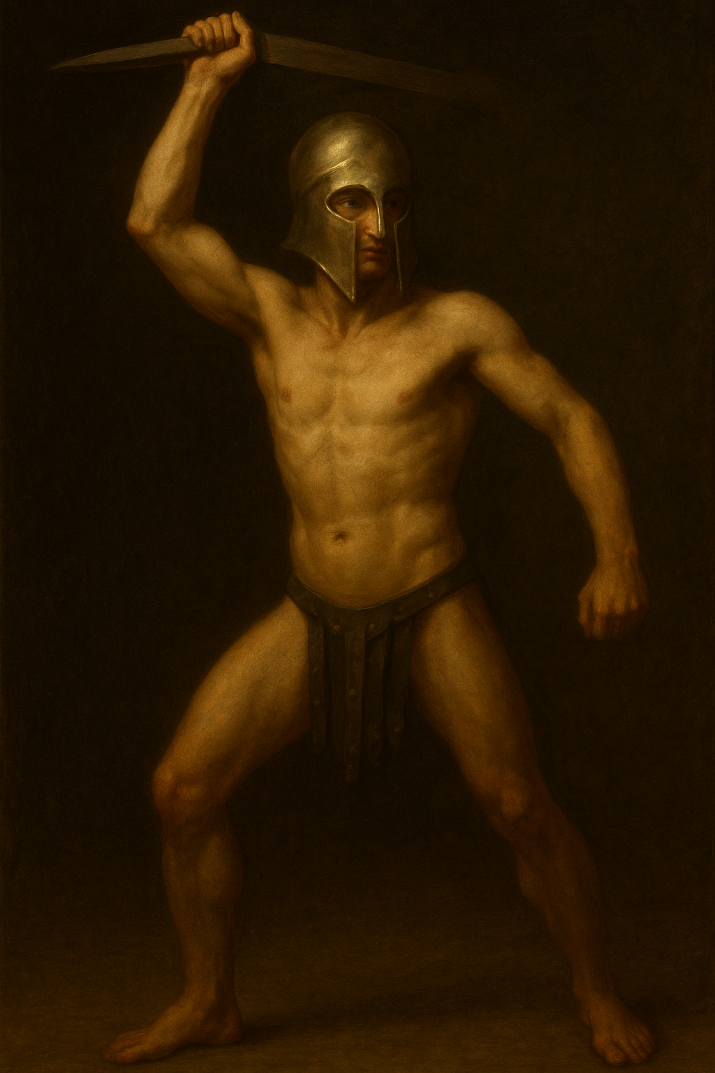 a painting of a man with a helmet holding a sword