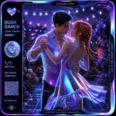 an original couple dancing under string lights in a garden at dusk: a man with short black hair in a linen shirt and a woman with braided red hair in a summer dress