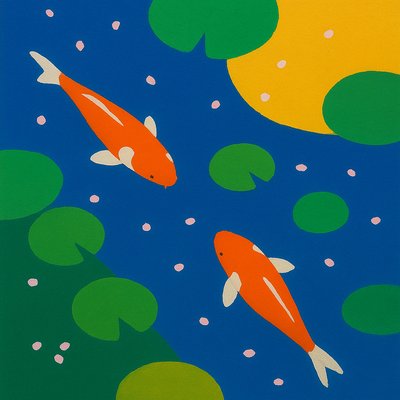 A koi pond seen from above, orange and white koi fish swimming among lily pads, clear water with subtle ripples, fallen cherry blossom petals floating on the surface, dappled sunlight