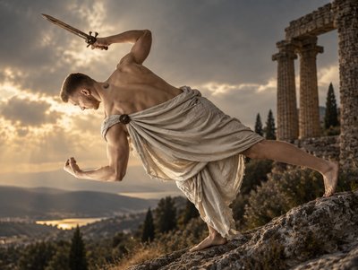 a man with a sword standing on a rock