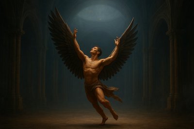 a painting of a man with wings in a dark room
