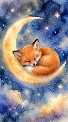 a sleeping baby fox curled on a crescent moon among soft stars, gentle and warm, no text